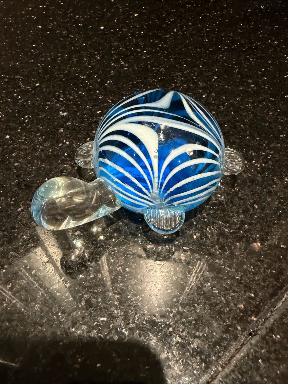 Art Glass Turtle Paperweight Blue White 5" - broken tail
